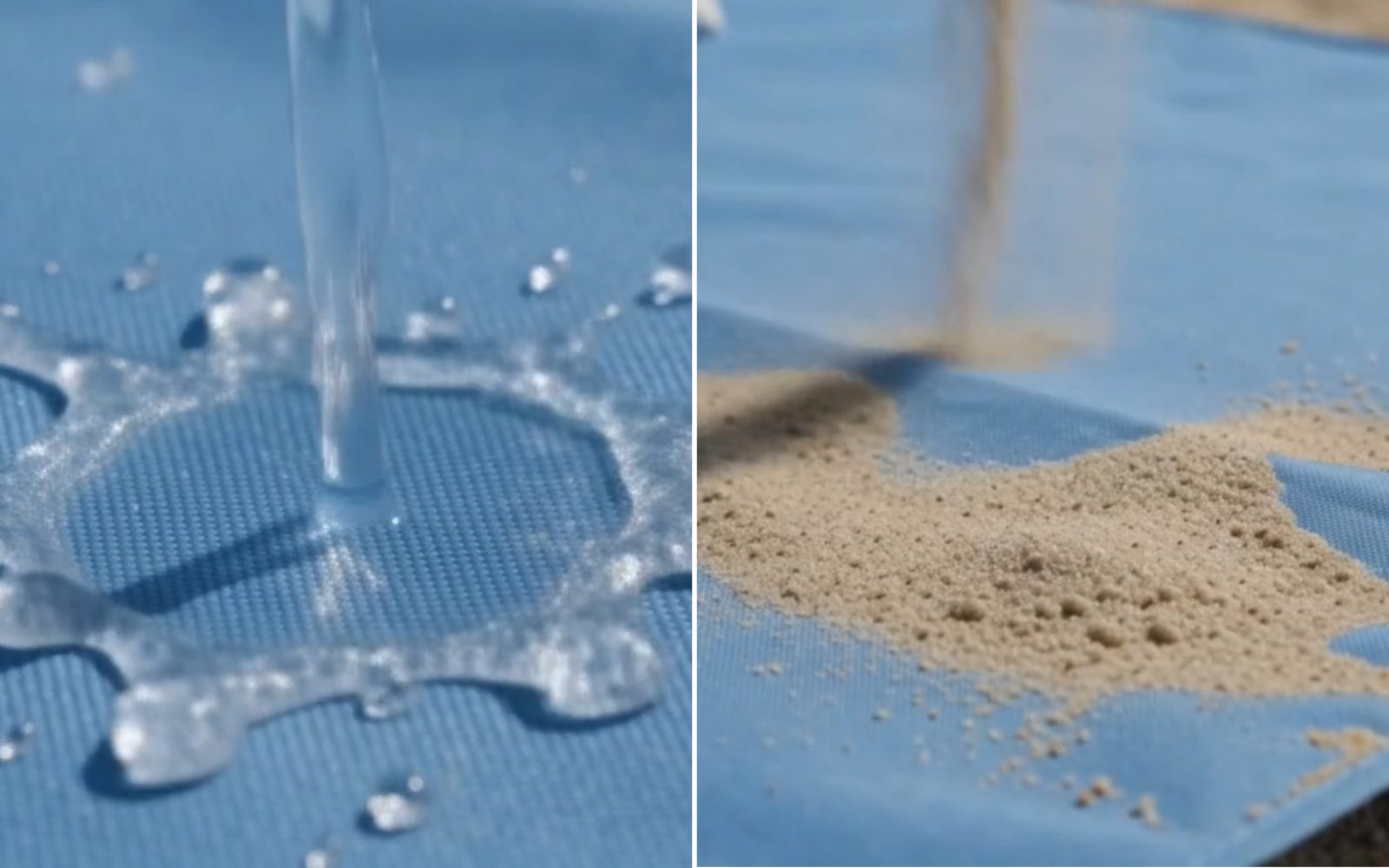 Water beading on the left, sand brushing off on the right